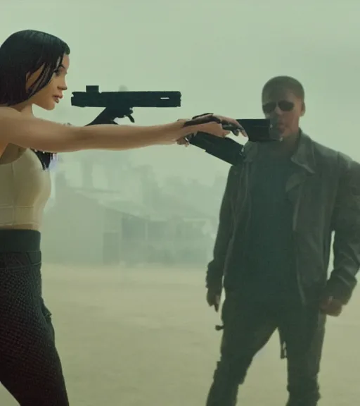 Image similar to a movie still of kylie jenner as joi aiming a gun at ryan gosling in the movie blade runner 2 0 4 9