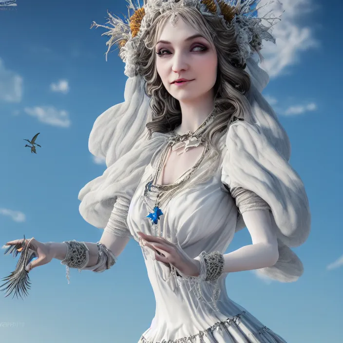 Prompt: photograph of a real-life beautiful air witch with ornate white dress. Extremely detailed. 8k