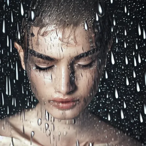 Image similar to close up of face of a wet fashion model in luxury dress, heavy rain, dramatic lighting, official dior editorial, highly detailed