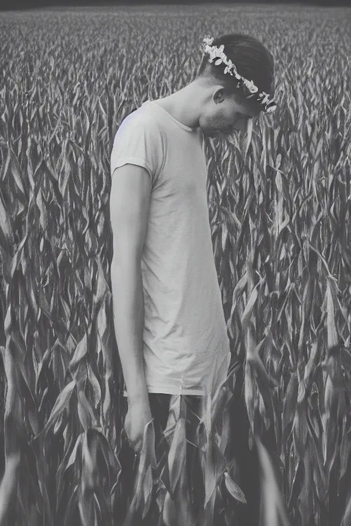 Image similar to agfa vista 4 0 0 photograph of a skinny blonde guy standing in a dark cornfield, flower crown, back view, grain, moody lighting, moody vibe, telephoto, 9 0 s vibe, blurry background, vaporwave colors!, faded!,