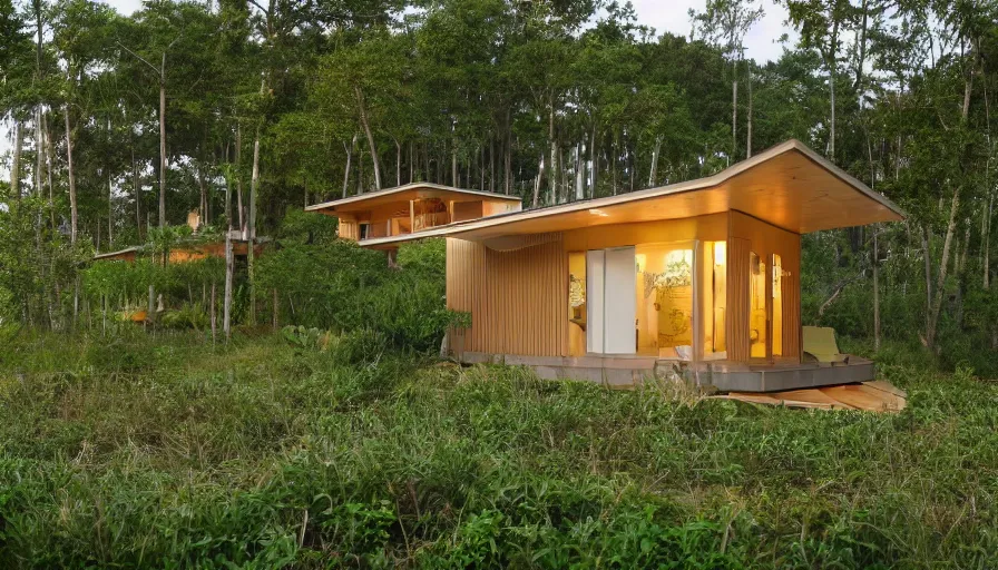 Image similar to A wide image of an eco-community neighborhood of innovative contemporary 3D printed prefab sea ranch style cabins with rounded corners and angles, beveled edges, made of cement and concrete, organic architecture, in a lush green eco community, Designed by Gucci and Wes Anderson, golden hour