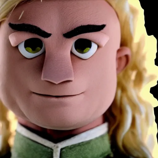 Prompt: Legolas depicted as a muppet, photography, cinematic lighting, close up shot