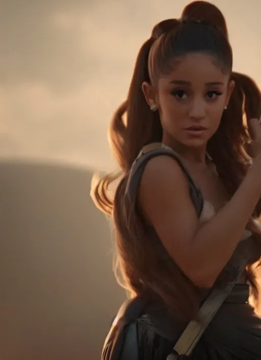 Image similar to a beautiful still of Ariana Grande in a stars wars film, dramatic, cinematic lighting