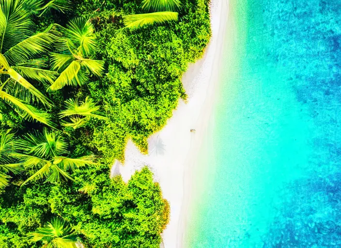 Prompt: aerial view of a beautiful beach with tropical trees, sunny day, cinematic, beautiful light, photo realistic