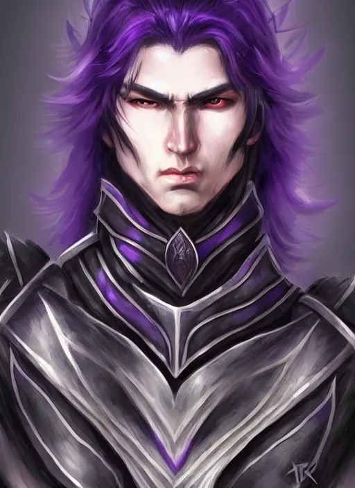 Image similar to Half-body portrait of a seasoned muscular elven warrior in black and purple armour and wolf skin. In style of Hyung-tae Kim, concept art, trending on ArtStation, Korean MMORPG.