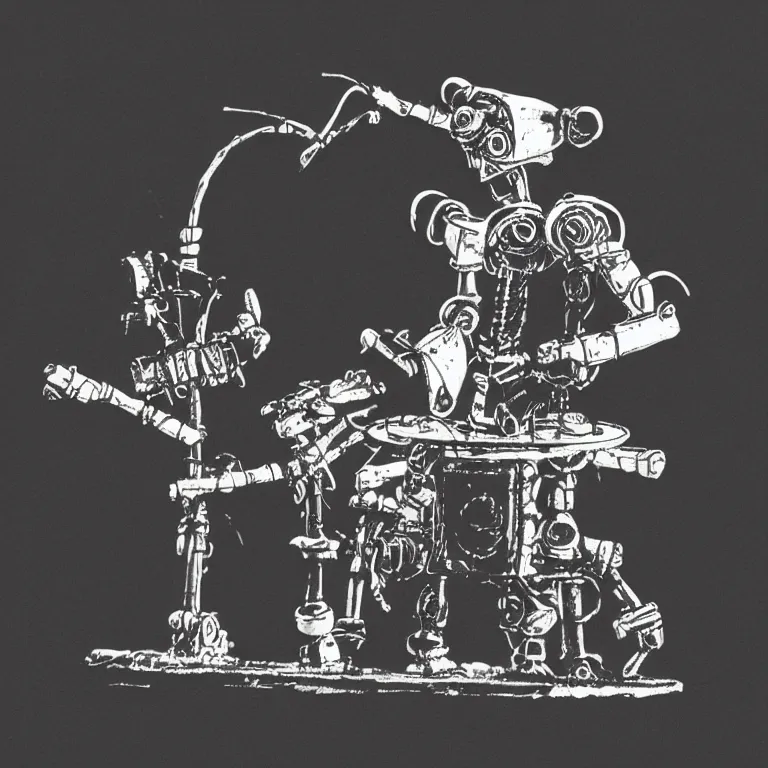 Image similar to a beautiful electronic concert photo shot of a couple of threea toys figurines by ashley wood, world war one robot octopus playing drums and fender telecaster guitar, black background, concert light, dark mood