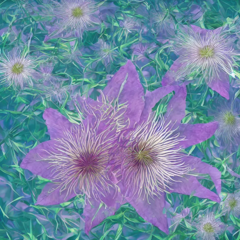 Image similar to clematis theme logo, clematis theme banner, clematis design, clematis in the deep sea, clematis like stars in the sky, trending on artstation, warm light, lovely and cute, fantasy art, 8 k resolution, highly detailed, pattern with optical illusion