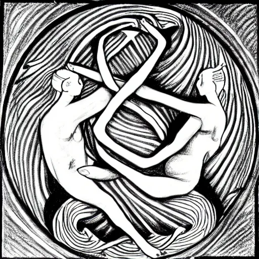 Prompt: a drawing of a woman giving birth to emercging yin - yang daoist symbol, black and white detailed pencil drawing dao