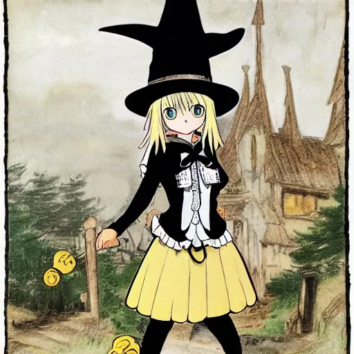 Prompt: marisa kirisame is young witch with blonde hair and yellow eyes, wearing black vest and skirt, white waist apron and undershirt, and black witch hat with white bow
