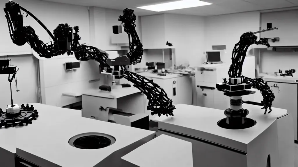 Image similar to a complex bifurcated robotic cnc surgical arm hybrid mri 3 d printer machine making black and white ceramic mutant forms in the laboratory inspection room, film still from the movie directed by denis villeneuve with art direction by salvador dali, wide lens