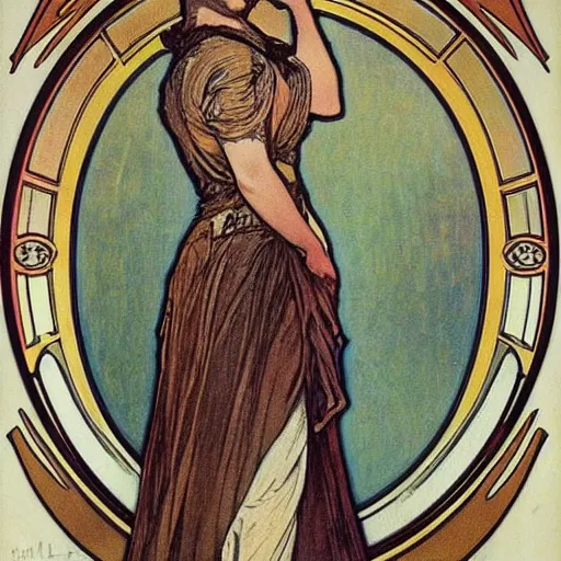 Image similar to blonde danish sports woman portrait by louis - theophile hingre and alphonse mucha, realistic, sharp focus, art nouveau, smart, wisdom, power, football, strong