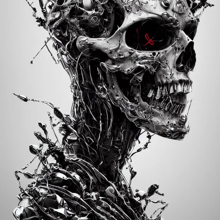 Image similar to portrait of an android skull. razor sharp teeth. infected with zombie virus. intricate abstract. intricate artwork. nightmare fuel. by Tooth Wu, wlop, beeple, dan mumford. octane render, trending on artstation, greg rutkowski very coherent symmetrical artwork. cinematic, hyper realism, high detail, octane render, 8k, iridescent accents