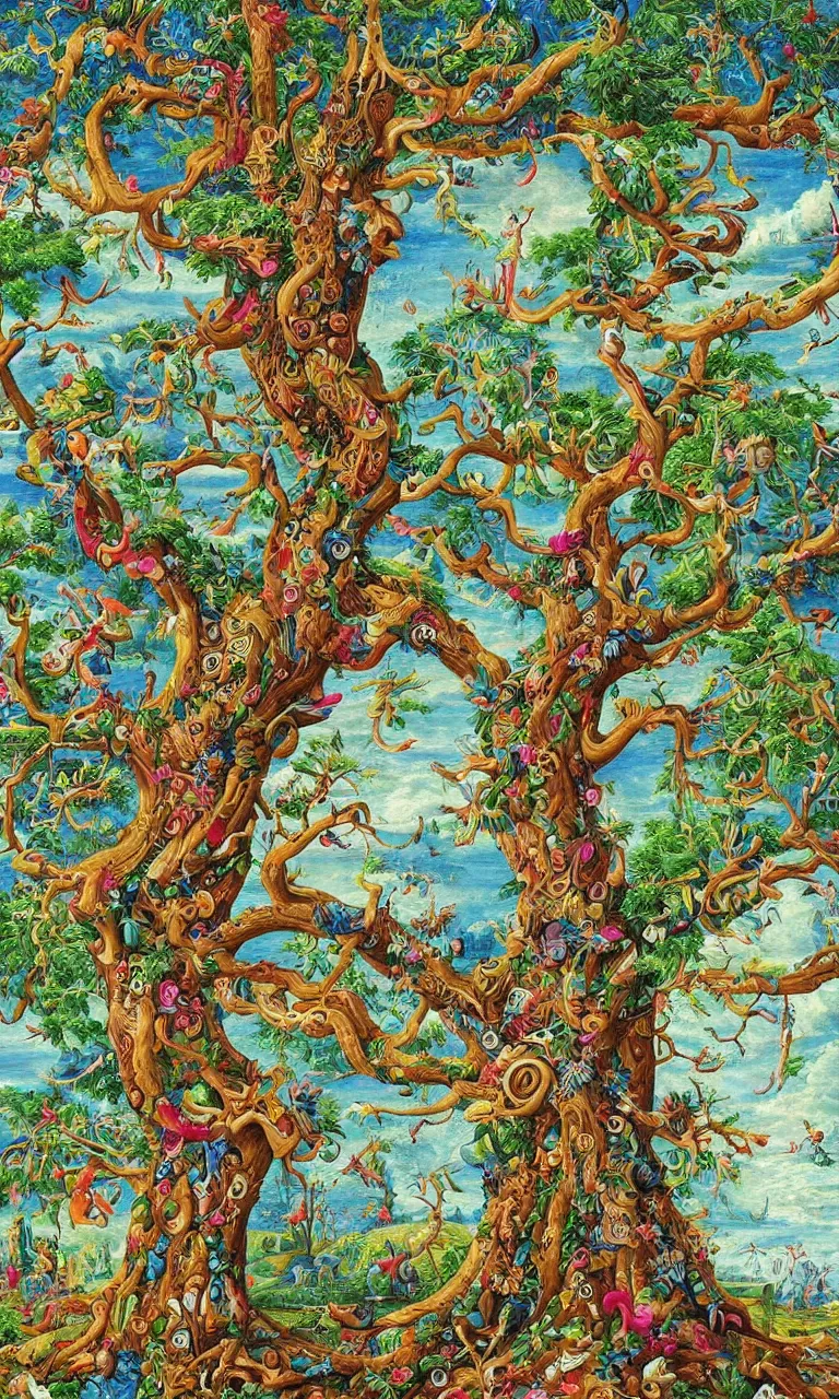 Image similar to an incredibly detailed masterpiece painting of a giant tree by bosch and lisa frank, ornate, beautiful, bold colors, detailed, high resolution, wow!, intricate