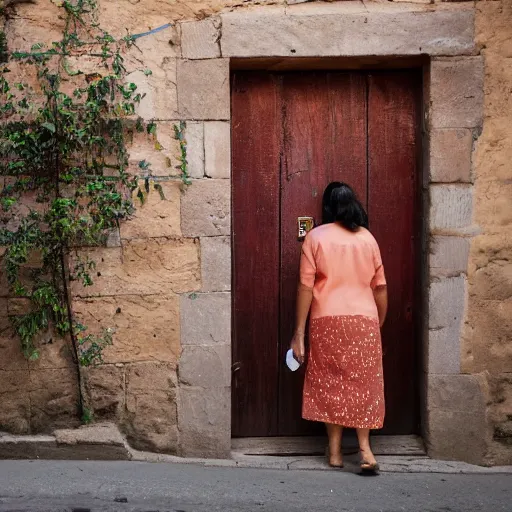 Prompt: A photograph of a Colombian woman in a peach dress, walking away from camera, down a narrow sandstone alley with rough-hewn sandstone building either side, and a varnished wooden door on the right. Ahead is a lantern, attached to the right wall. Late afternoon on a sunny day. 4K 50mm f/1.4