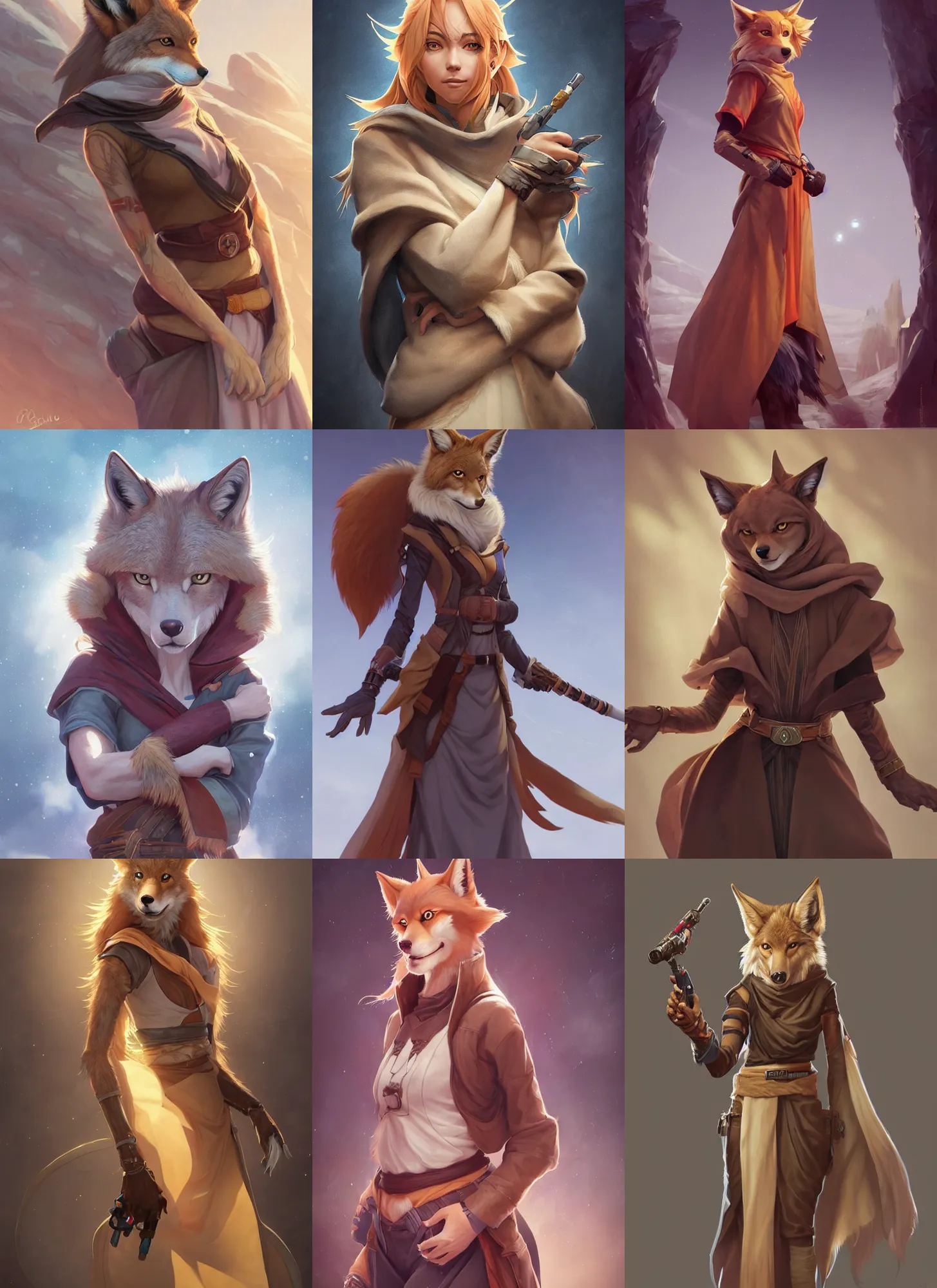 Prompt: beautiful portrait of a female anthropomorphic coyote fursona wearing jedi robes. detailed hands. character design by charlie bowater, ross tran, artgerm, and makoto shinkai, detailed, soft lighting, rendered in octane