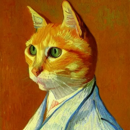 Image similar to a portrait of a ginger orange cat, wearing a light blue suit, by Vincent Van Gogh