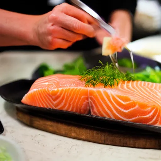 Prompt: salmon preparing salmon sashimi,