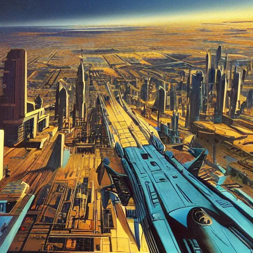 Image similar to aerial view of a science-fiction cityscape, cinematic angle, cinematic lighting, blue sky, sun in the sky, by Syd Mead, John Harris, Federico Pelat