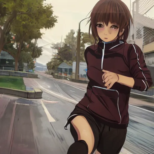 Image similar to anime style, gta 5, girl is running looking at you, red sport clothing, marathon race, brown short hair, hair down, symmetrical facial features, from arknights, hyper realistic, rule of thirds, extreme detail, 4 k drawing, safebooru, realistic lighting, by alphonse mucha, greg rutkowski, sharp focus, backlit