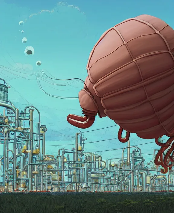 Image similar to inflated industrial plant made from fat isopod lobster octopus, in the style of puffy spaceship, botany, partly cloudy, spooky, dramatic lighting, by geof darrow, bill sienkiewicz, dan mumford, yusuke murata, makoto shinkai, ross tran, cinematic, unreal engine, cel shaded, featured on artstation, pixiv