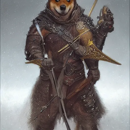 Prompt: anthropomorphic shiba inu, holding medieval crossbow, medieval armor, dark aura, fantasy, dark graveyard scene, portrait art by donato giancola and greg rutkowski, realistic face, digital art, trending on artstation, symmetry