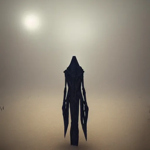 Image similar to Creepy long creature standing in a foggy weather in a desert world full of pyramids, award winning, trending on artstation, unreal engine