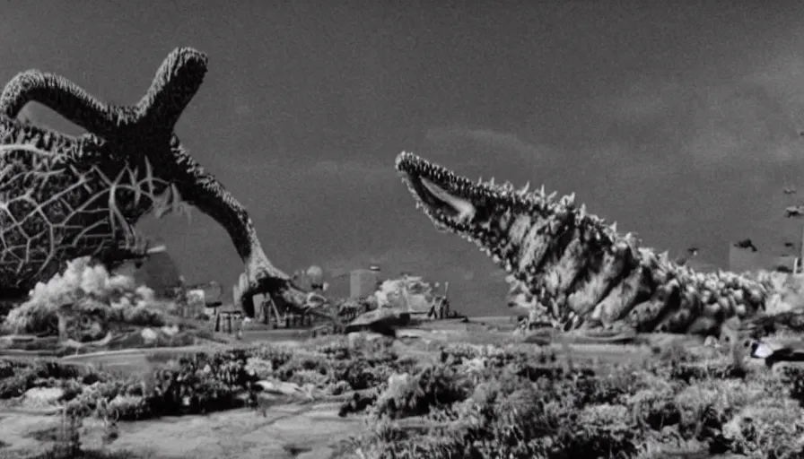 Image similar to a filmstill of the movie Pulgasari by Shin Sang-ok and Kim Jong-il, a giant kaiju starfish destroying a korean palace, cinematography by Akira Kurosawa