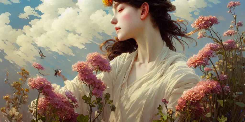 Image similar to a beautiful illustration of flowers and clouds, intricate, sharp focus, illustration, highly detailed, digital painting, concept art, matte, art by wlop and artgerm and greg rutkowski and alphonse mucha, masterpiece