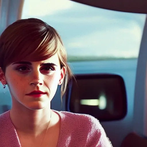 Prompt: emma watson, inside airplane, film still, instagram,