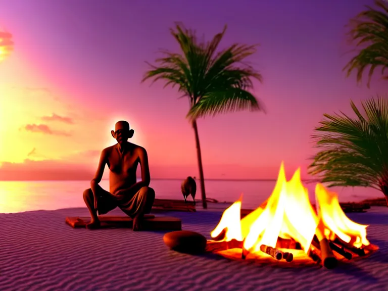 Image similar to gandhi sitting on a beach next to a campfire, holding a cigar, sunset, parrots, coconuts, palm trees, glorious lighting, epic environment, highly detailed, digital art, hyper realistic, beautiful, 8 k, trending on deviantart