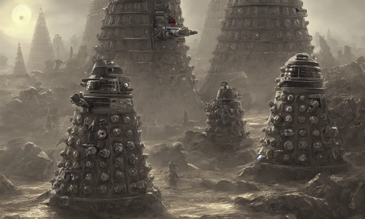 Image similar to dalek invasion, highly detailed, photorealistic, fantasy background, digital painting, artstation, concept art, smooth, sharp focus, illustration,