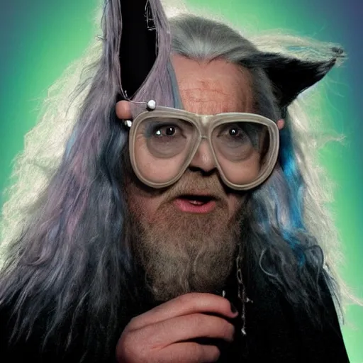 Prompt: ozzie osbourne as gandalf the wizard lotr with neon hair and rimmed glasses, cat ears headphone