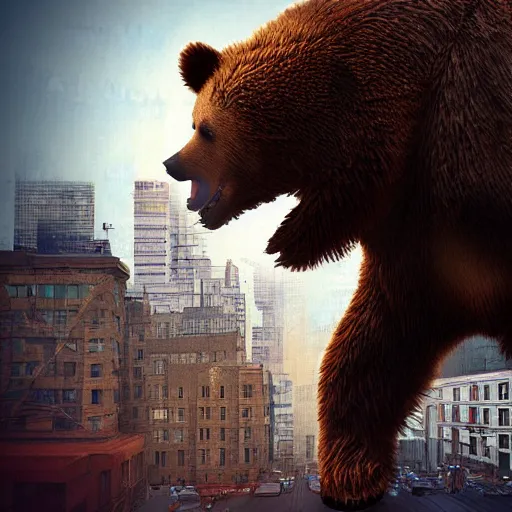 Prompt: ! dream a giant angry bear attacking the city, photomanipulation, photoshop, digital art