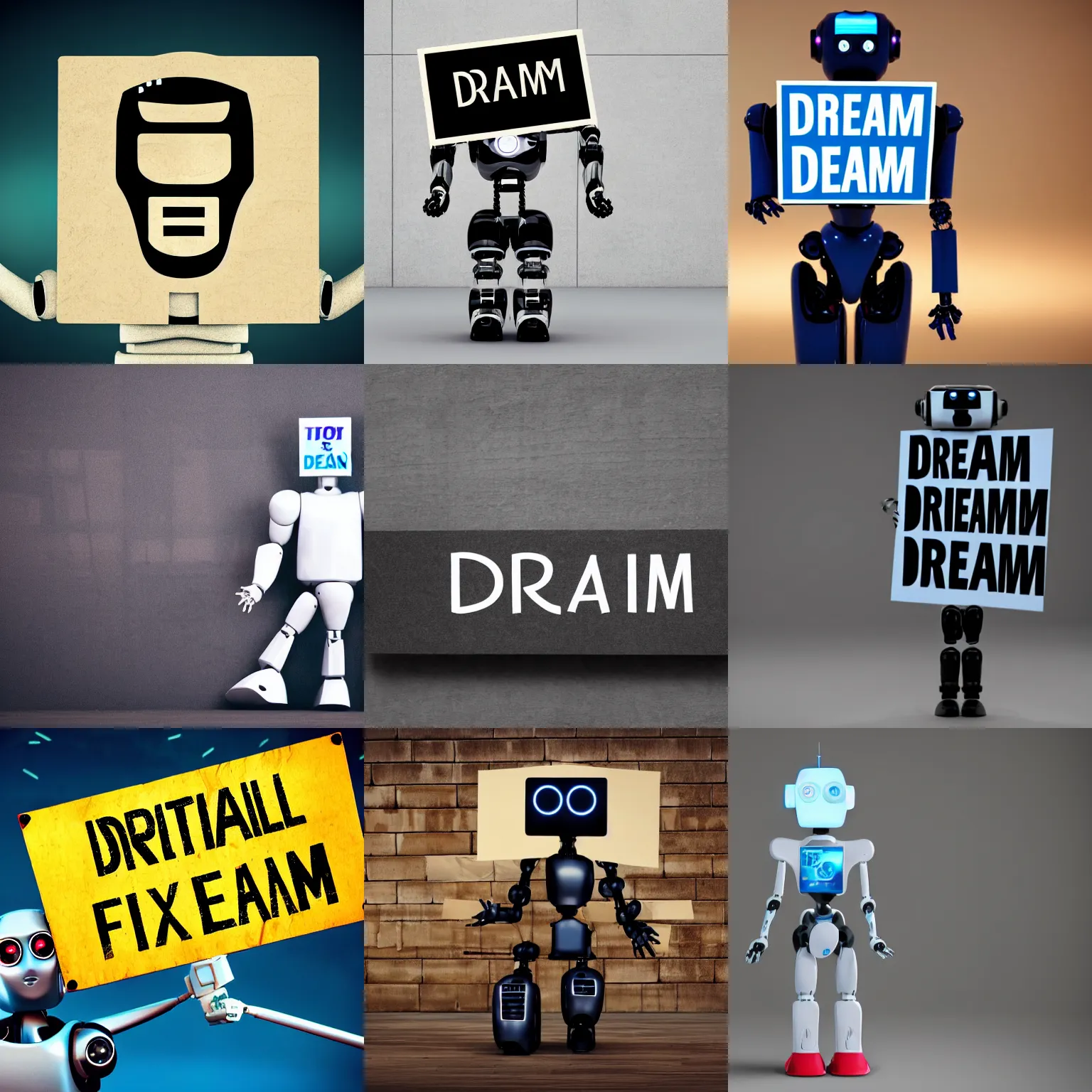 Image similar to artificial intelligence robot holding a sign with text that reads : dream