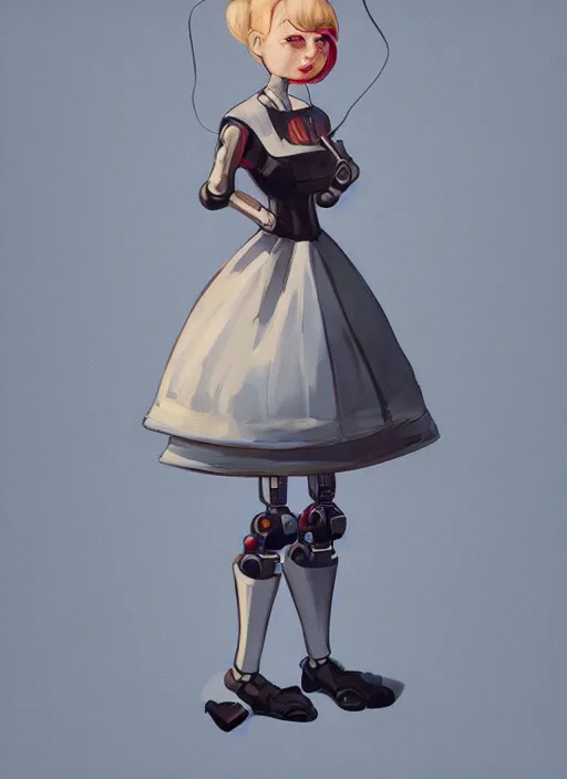 Image similar to a robot wearing a maid dress, holding a plate, full body shot, highly detailed, digital painting, artstation, concept art, smooth, sharp focus, illustration