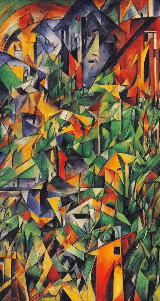 Prompt: on the street of abandoned town 2 people standing huddled together with spiny giant plants bursting through them, surreal, very coherent, intricate design, painting by Franz Marc