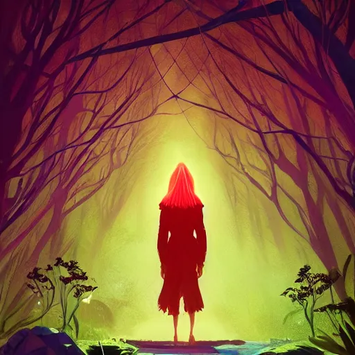 Image similar to a woman with [ red energy emanating from her hand ]!, stands in the middle of a pathway in a timid forest, trending on cgsociety, digital art, illustrated by max hay and anton fadeev, bioluminescent atmosphere, back view, intricate