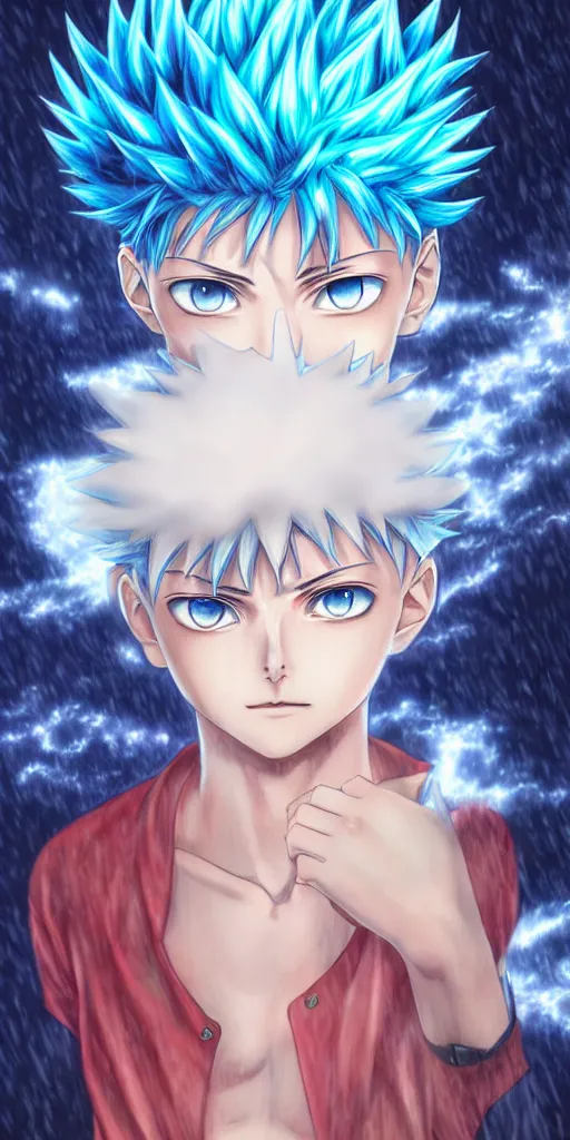 Image similar to killua zoldyck in rossdraws art, with thunderstorms, 8 k, bright colors, detailed face, details, sharp smooth, aykut aydogdu