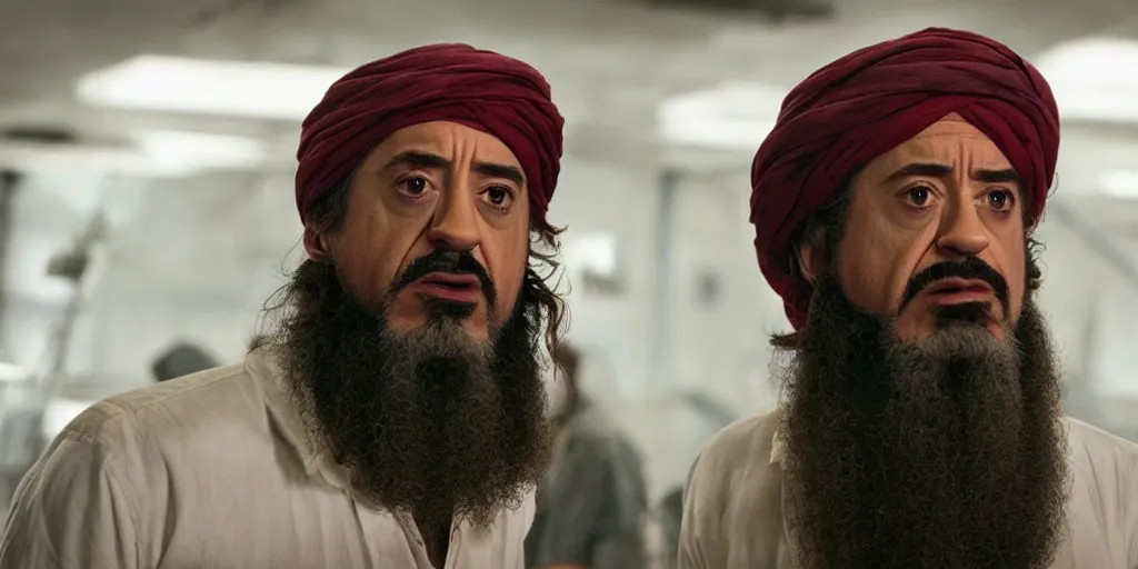 Prompt: Robert Downey Jr. as Osama Bin Laden in 'Big Bin' (2025), movie still frame, oscar nominated cinematography, volumetric lighting, 8k resolution, beautiful composition