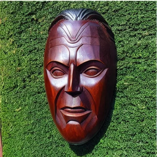 Image similar to wooden carved oversized elon mask statue photo 4k