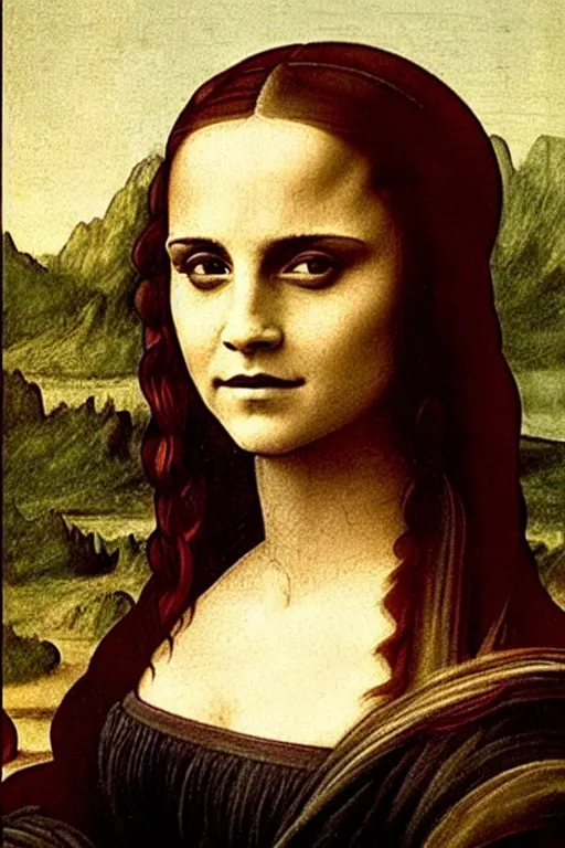 Prompt: portrait of emma watson, painted by leonardo da vinci, emma watson, style of mona lisa, emma watson, emma watson's face, face of emma watson