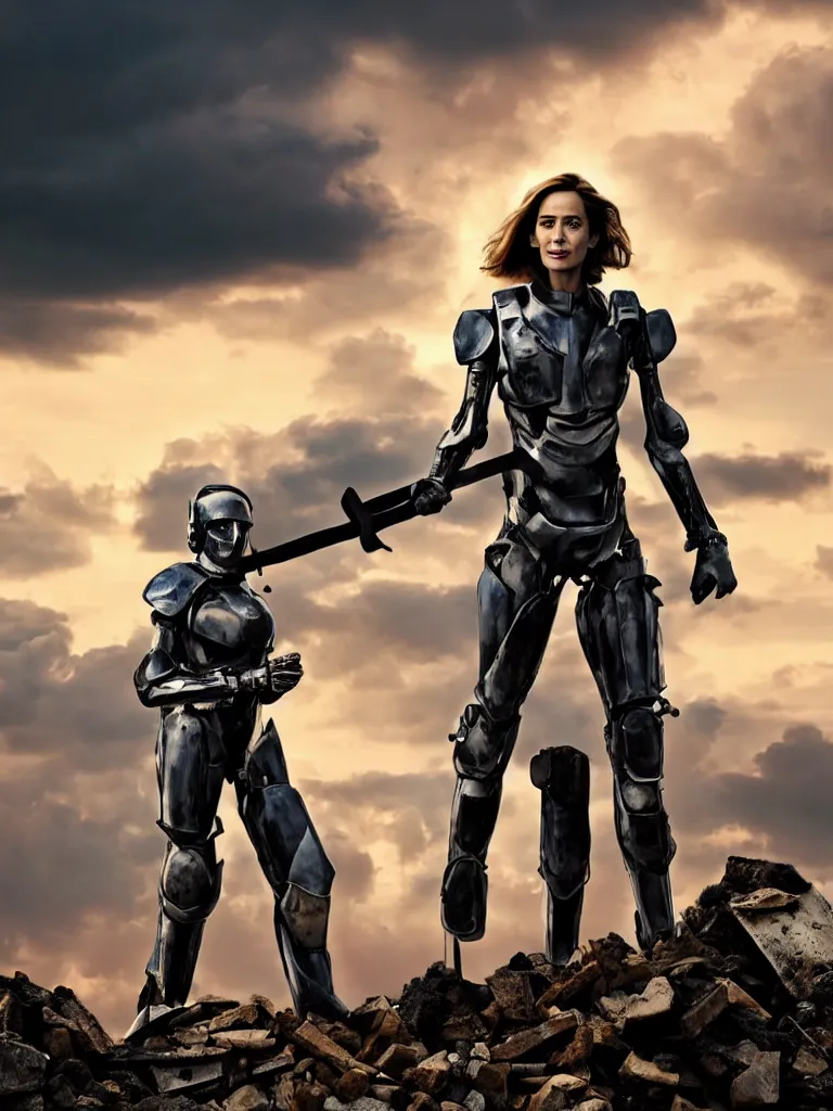 Prompt: solitary figure standing atop a pile of rubble, emily blunt in futuristic power armor, close up portrait, holding a sword on her shoulder, sunset and huge cumulus clouds behind her