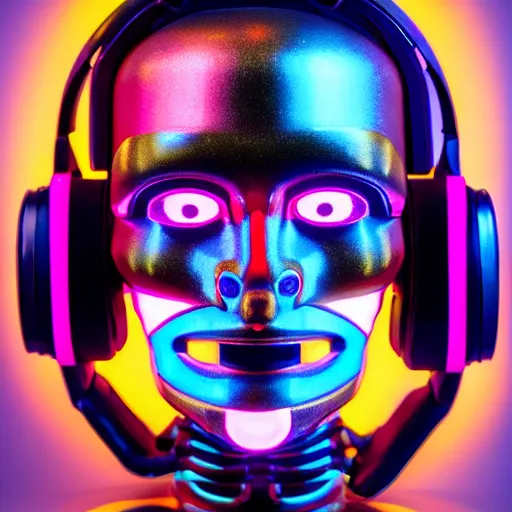 Prompt: a glossy claymodel of a cyberpunk aztec futurism robot head with glowing headphones, 8 k, symetrical, flourescent colors, halluzinogenic, multicolored, very detailed, black background, 3 d render,