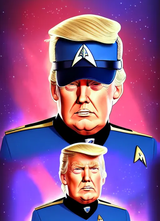 Image similar to cute star trek officer donald trump, natural lighting, path traced, highly detailed, high quality, digital painting, by don bluth and ross tran and studio ghibli and alphonse mucha, artgerm