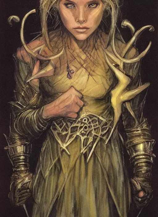 Prompt: portrait of young female sorceress of the endtimes, beautiful! coherent! dungeons and dragons character, by brian froud, strong line, night color, high contrast