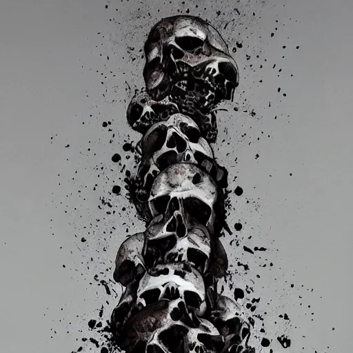 Prompt: vertical pile of 3 skulls vomiting black tar, anna and elena balbusso