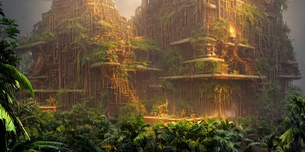 Image similar to aztec steampunk jungle temple, by tim blandin and arthur haas and bruce pennington and john schoenherr, big windows architecture by zaha hadid, octane render, warm colour scheme, white, cinematic, scenery, cgsociety, modernism, futuristic, trending on artstation, sci - fi, high detail, high quality, close up angle