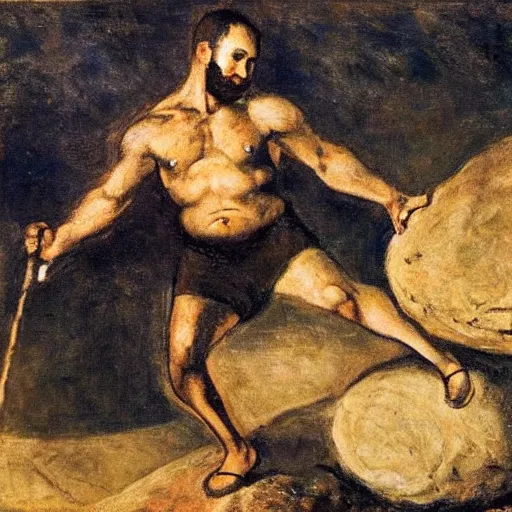 Image similar to a painting of benjamin netanyahu as sisyphus, carrying boulder on shoulders, by franz stuck