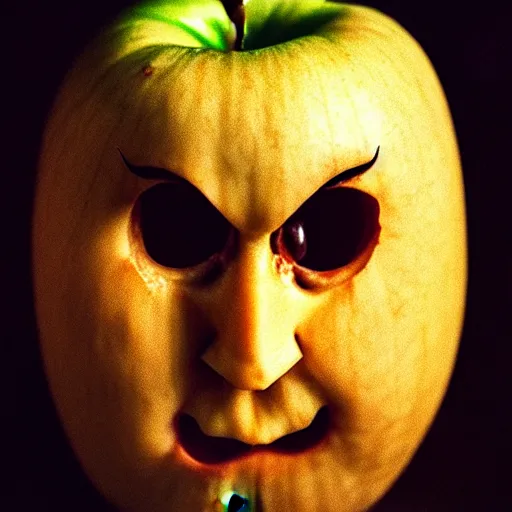 Prompt: an apple that has an angry face, eyebrows indicating anger, renaissance painting, arty by Da Vinci, 8k
