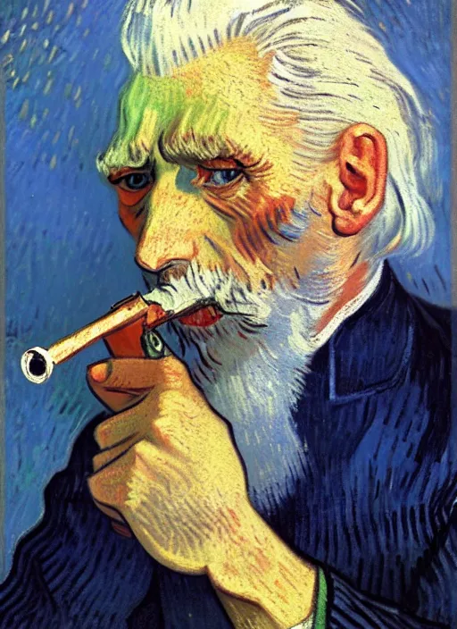 Prompt: portrait of a very old sailor with white hair smoking a pipe, detailed realism face in painting, detailed beautiful portrait, expressionist oil painting masterpiece, 8 k resolution, smooth, sharp focus, pastel color palette, trending on artstation, by van gogh